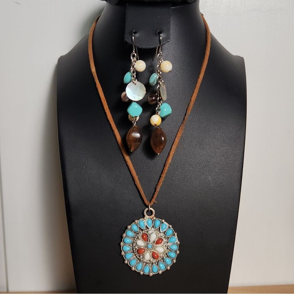 Southwestern Turquoise Leather Cord Necklace and Earring Jewelry Set